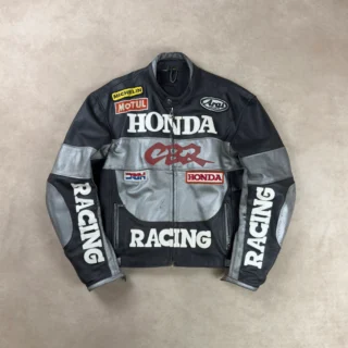HONDA BLACK GREY REAL LEATHER RACING JACKET