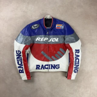REPSOL BLUE & WHITE RED REAL LEATHER RACING JACKET